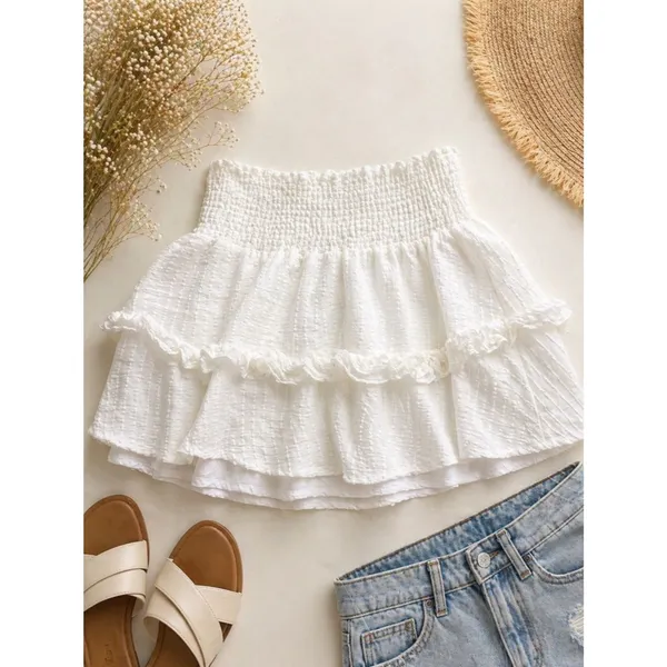 White Smocked Waist Tiered Ruffle Mini Skirt Textured Boho Cottagecore - Image 2