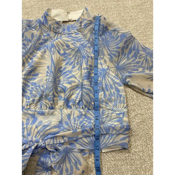 Amanda Uprichard Sheer Floral Cropped Tie Blouse Open Back Mock Neck Blue S - Image 13
