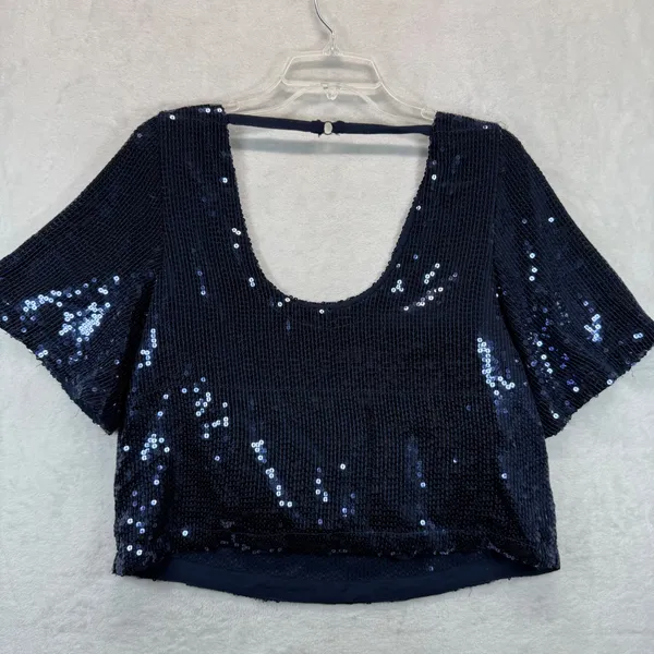 Free People Sequin Top‎ Party Blouse Sparkly Navy Blue Short Sleeve XS READ - Image 11
