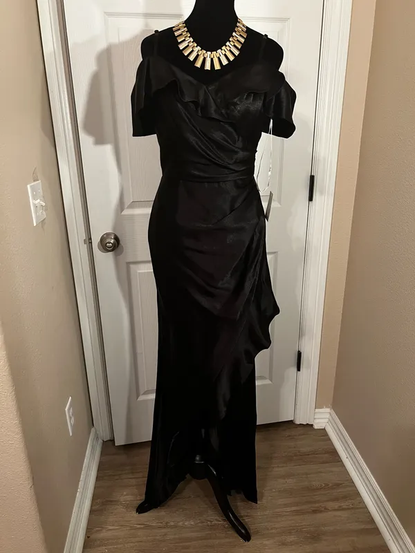 David's Bridal Black Off-Shoulder Satin Fancy Bridesmaid Wedding Guest Dress - Image 3