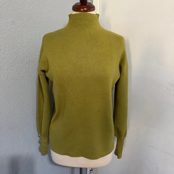 Cottagecore Mock Neck Puff Sleeve Sweater‎ Crystal Button Cuffs Olive Green Sz M - Image 2