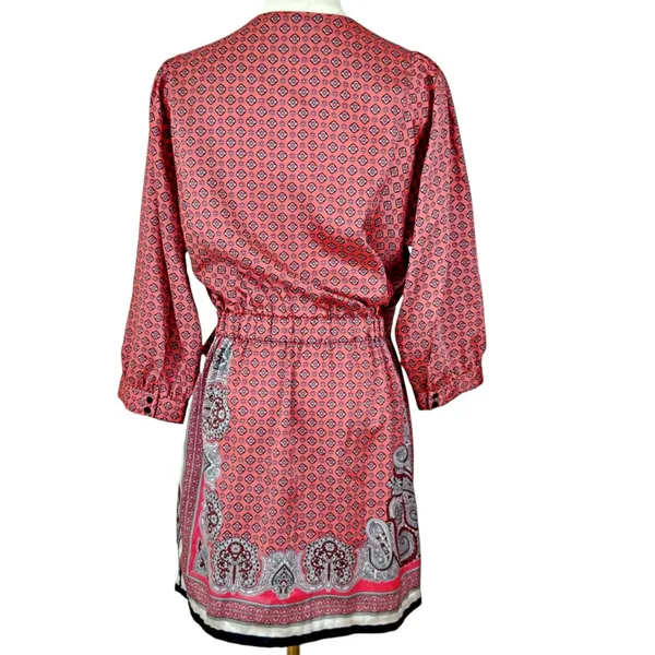Zara Kimono Wrap Dress MEDIUM Tie Pink Black Paisley Silky 3/4 Sleeve - Image 5