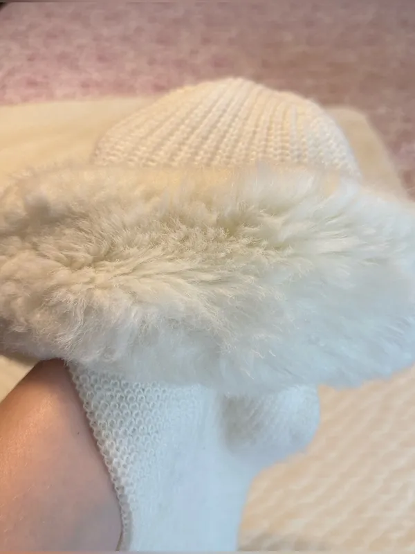 Vintage Faux Fur Knit Hat w/ Attached Scarf White/Ivory - Image 4