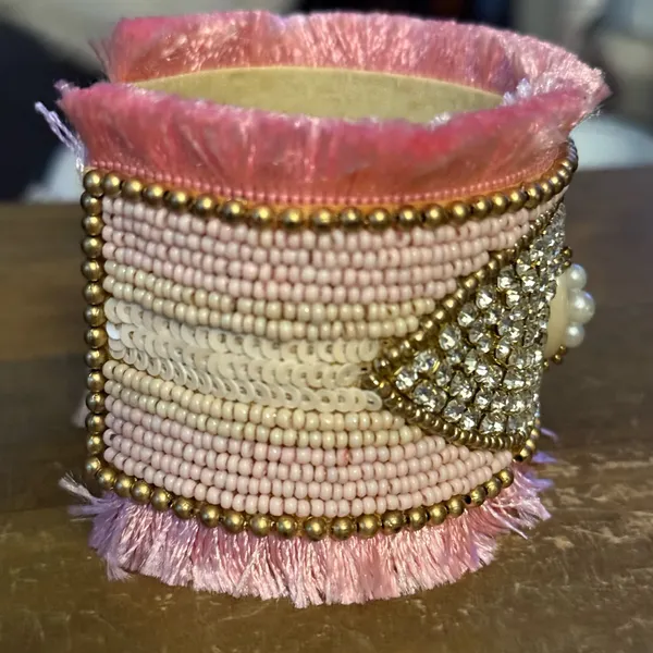 Handmade wide beaded cuff bracelet w/rhinestones and pink fringe - Image 4