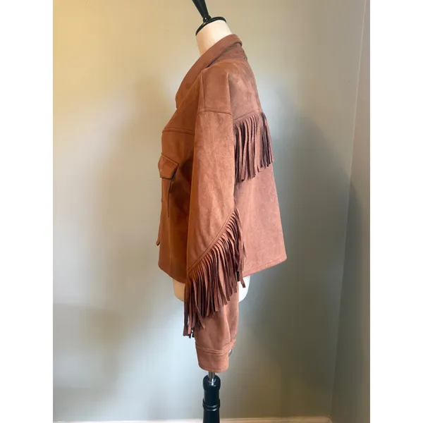 Brown Faux Suede Fringe Western Shacket Brown boho retro y2k Jacket Medium bohem - Image 4