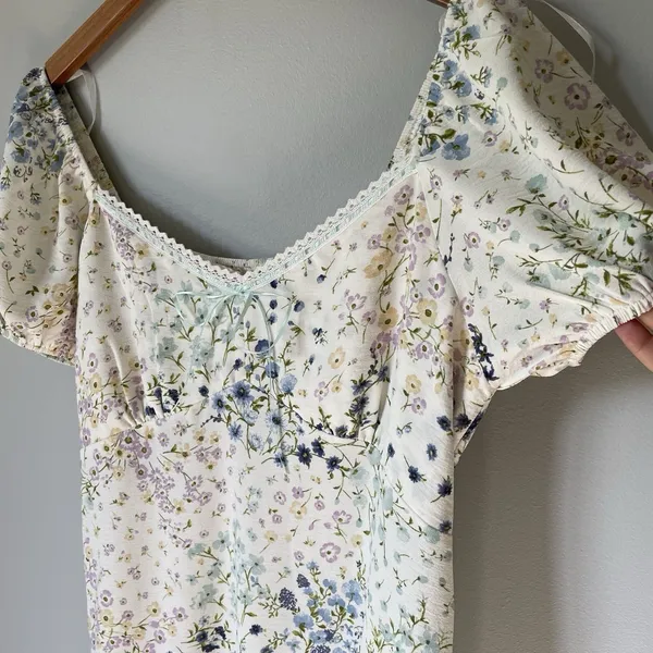 Monteau Los Angeles Floral Print Midi Dress Cream Cap Sleeves Women's Size Large - Image 5