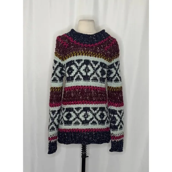 FREE PEOPLE Silver Reed Chunky Knit Fairisle Fair Isle Sweater Wool Linen Small - Image 11