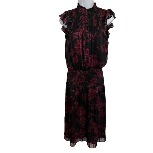 WHITE HOUSE BLACK MARKET Dress Black‎ Red Floral Ruffle Sleeve Smocked EUC XS - Image 2
