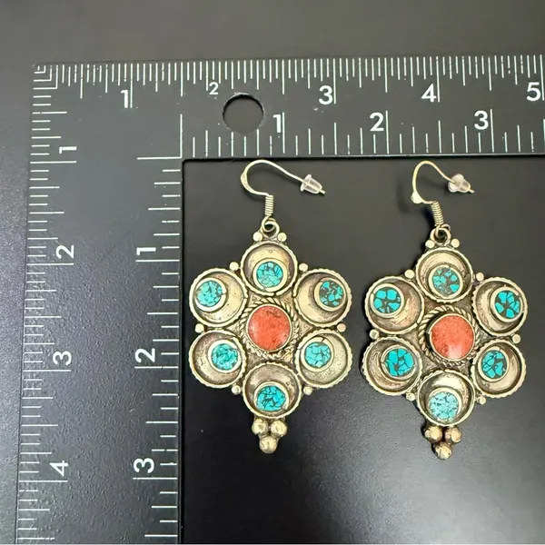 Vintage Silver-tone Turquoise & Coral Tibetan Style Flower Dangle Earrings 22g. - Image 6