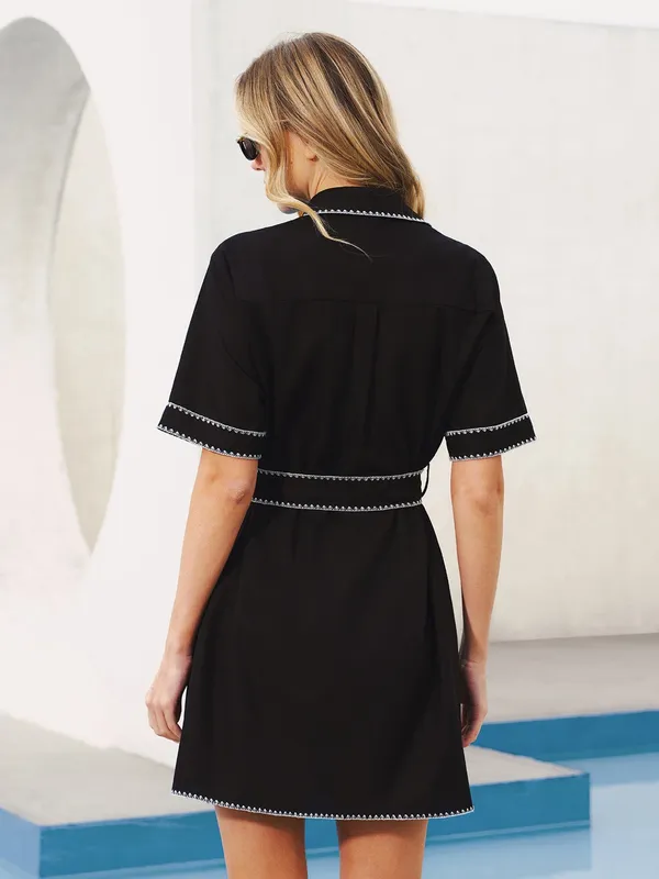 Commense NWT Black Contrast Stitch Belted Shirt Dress Small Linen Blend Sold Out - Image 2
