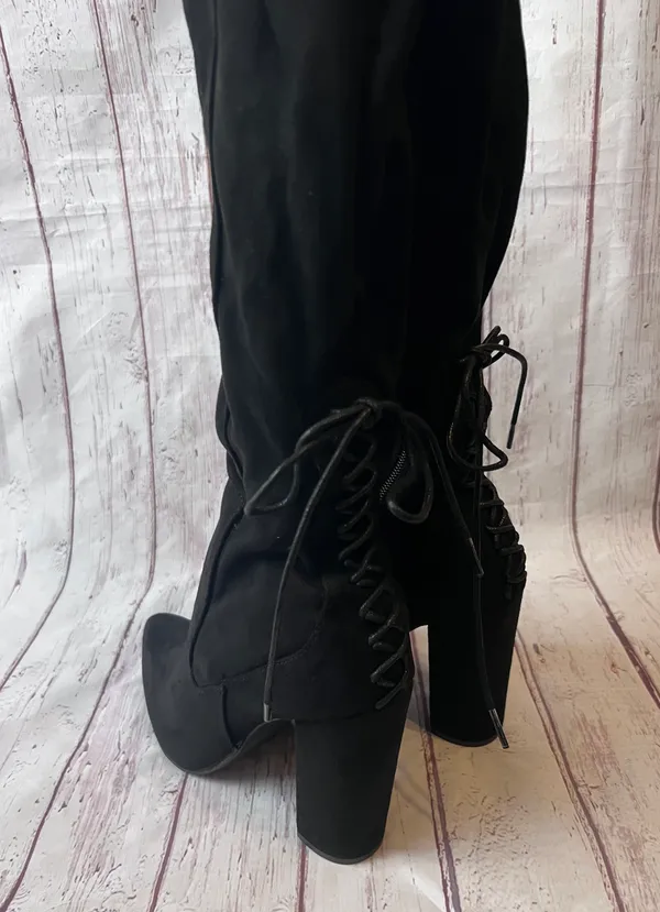 Ivona Stretch Over The Knee Boots Black Faux Suede Tie Detail 4” Heel - Image 9