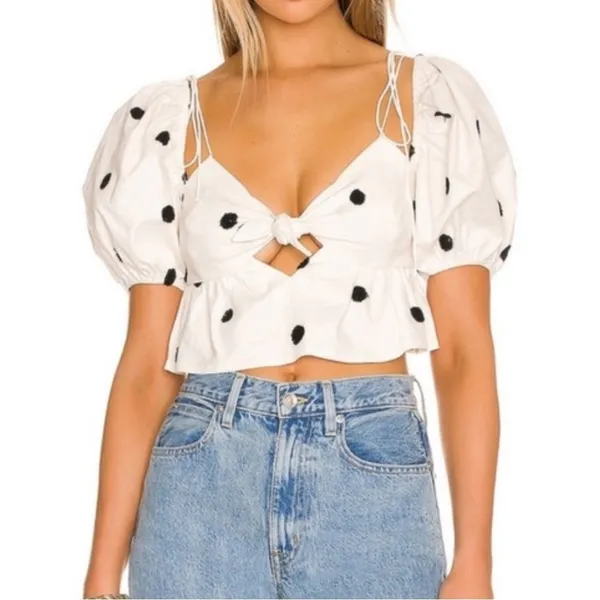 For Love & Lemons White Black Polka Dot Crop Blouse Womens S Puff Sleeve Top - Image 3