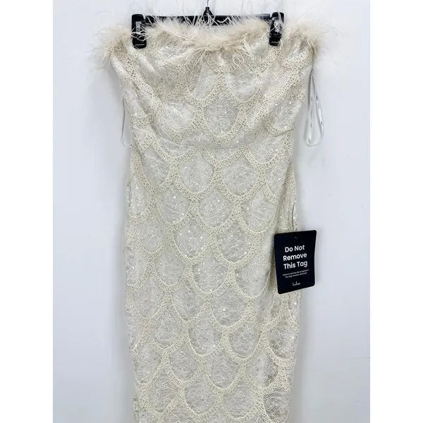 Lulus Uniquely Confident Cream Lace Feather Strapless Midi Dress Cocktail L NWT - Image 6