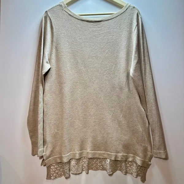 Cyrus Beige Knit Sweater Crochet Lace Tiered Hem Long Sleeve Pullover L tunic - Image 7