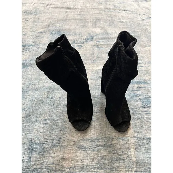 Qupid Black Sparkle Fabric Peep Toe Side Zip Block Heel Boots Size 6 - Image 3