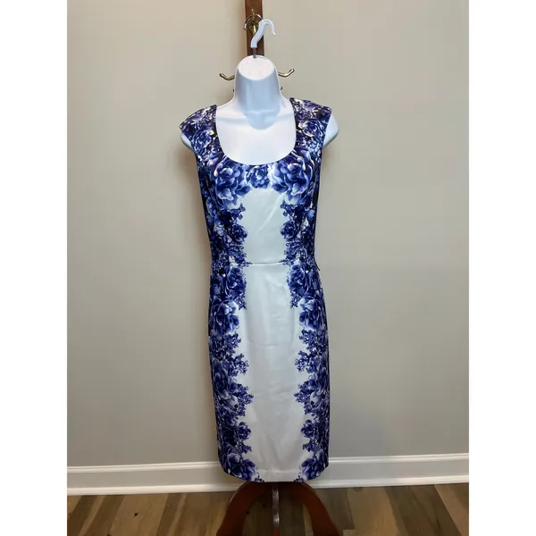 White House Black Market White Blue Floral Satin Sheath Dress Fully Lined Size 8 - Image 5