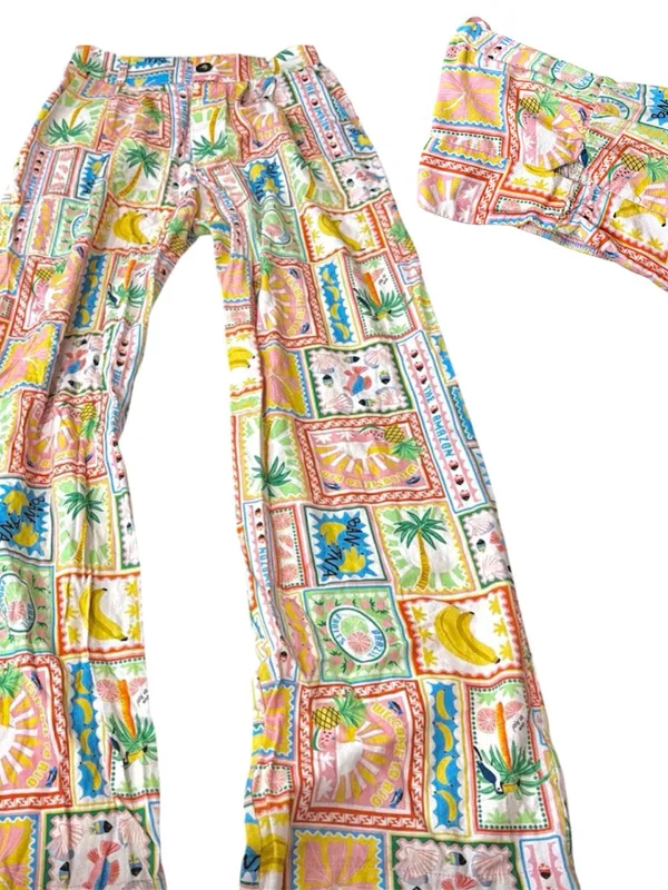 🌞 S/M Multicolor Tropical Postcard Print Linen Pants Set Pink - Image 2