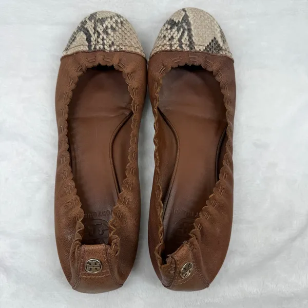 Tory Burch Leather Scalloped Ballet Flats‎ Snakeskin Cap Toe Logo 7.5 READ - Image 6