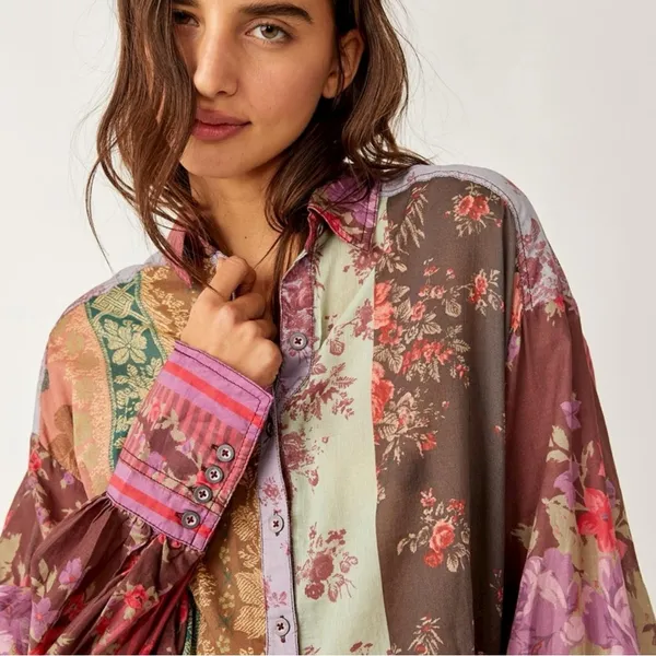 Free People Bohemian Patchwork Flower Patch Top Berry Combo Oversized Small Fall - Image 4