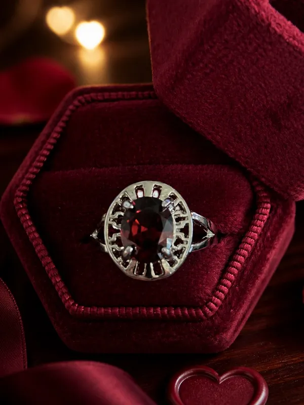 Stainless Steel Silver Garnet Oval Ring in Deep Red Size 8 - Image 2