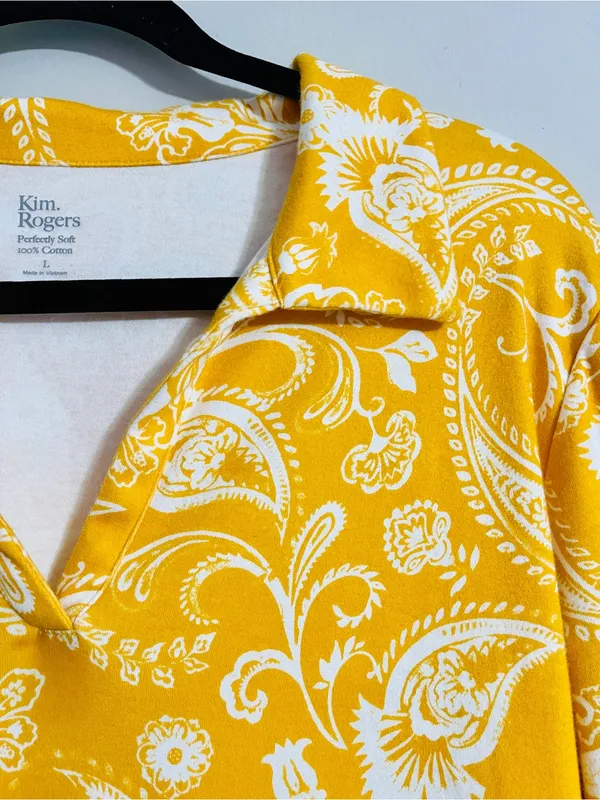 Kim Rogers Mustard Yellow Paisley Tunic Shirt Dress L Cotton Preppy Retro Mod - Image 11