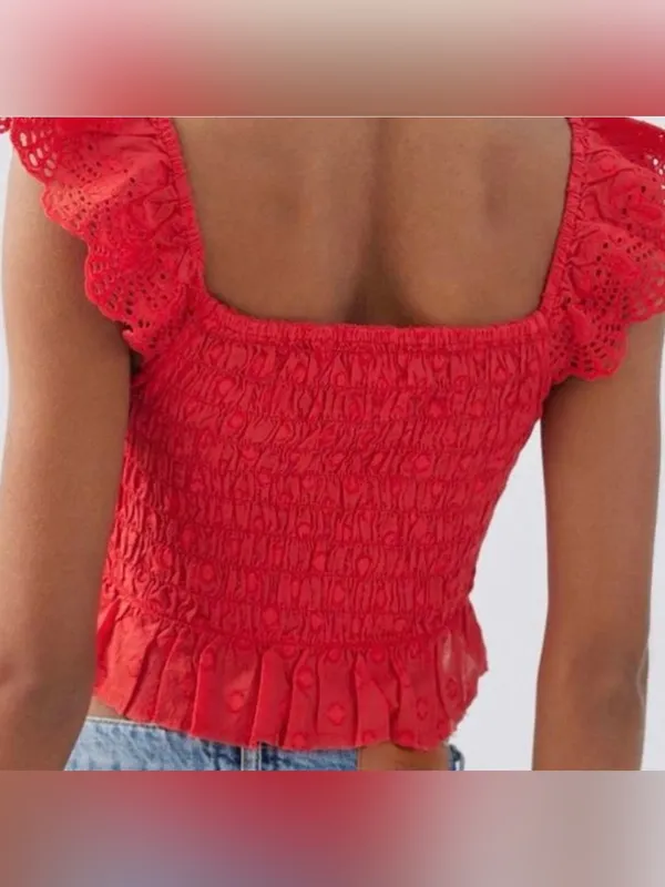 Urban Outfitters Red Ruffled Smocked V-Neck Crop Tank Size Medium - Image 2