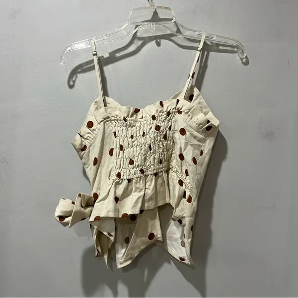 Moon River Tank Linen Size Small Tan With‎ Brown Polka dots V Neck Button… - Image 4