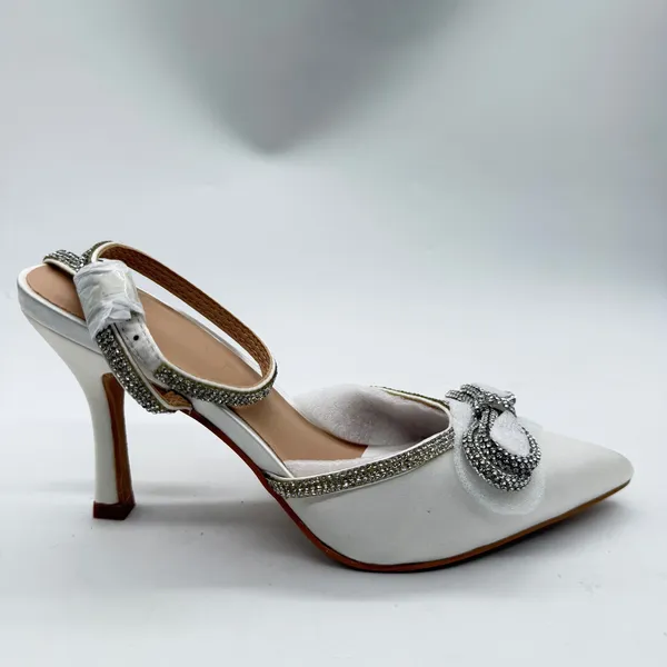 ZAPATOCK White Satin Rhinestone Bow Pointed Toe Stiletto Pumps Wedding Heels 6.5 - Image 4