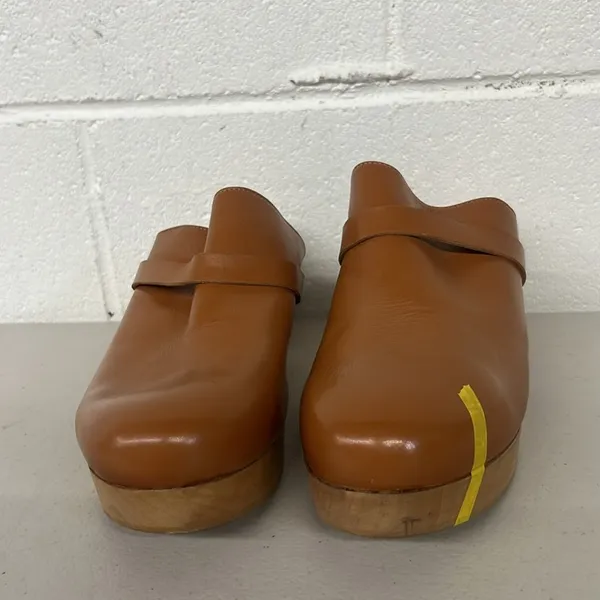 Sz10 Andre assoue brown tan slip on heeled Sofi clog wooden leather chunky amber - Image 3