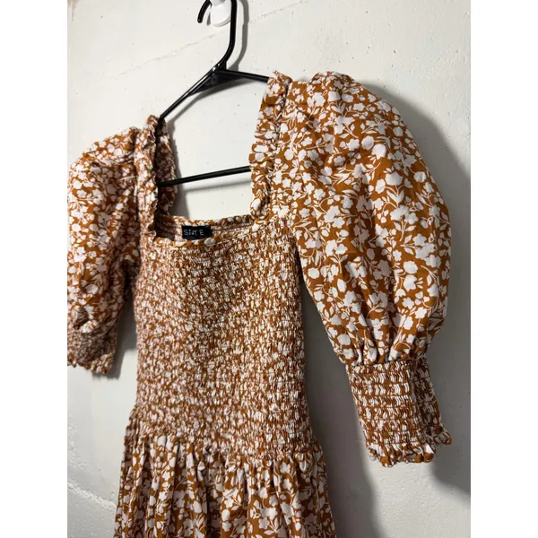 1.STATE Womens Size XS brown floral print mini dress puff sleeves smocked bodice - Image 3