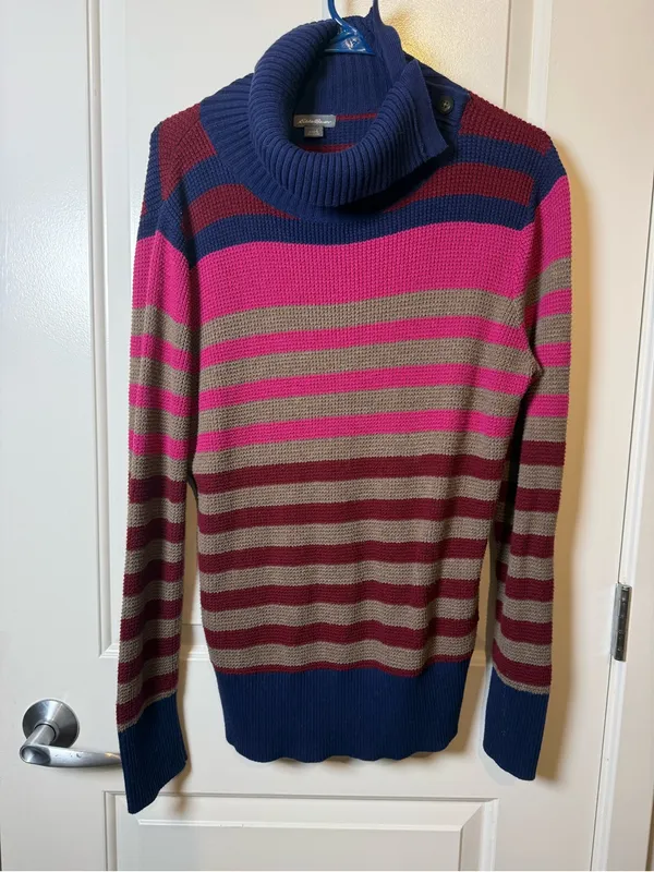 Eddie Bauer Striped Cowl Neck Sweater in Navy, Pink & Tan - Image 2