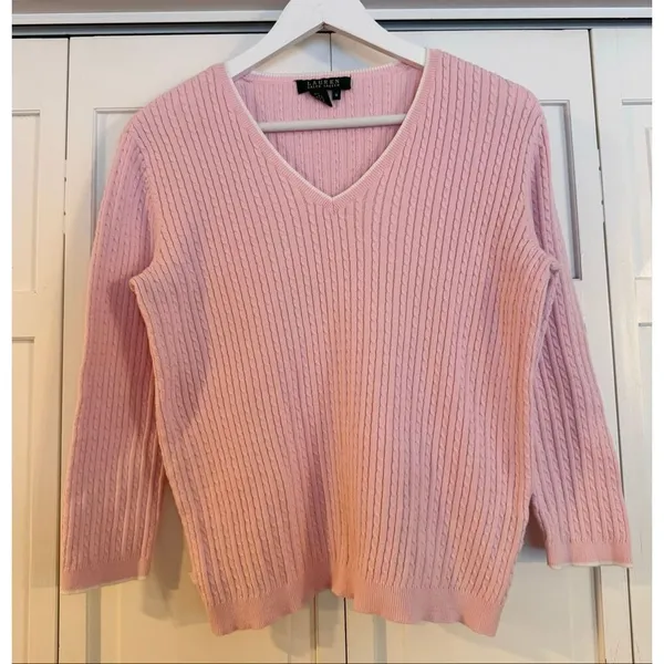 Lauren Ralph Lauren 100% cotton pink cableknit vneck sweater M - Image 2