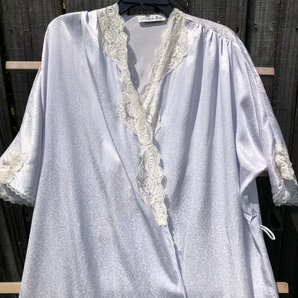 Vintage Christian Dior Lingerie Robe Light Blue Lace Small - Image 2