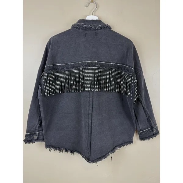 Denim Jacket Black Fringed Western Women’s Size S Embellished Festival Coachella - Image 7