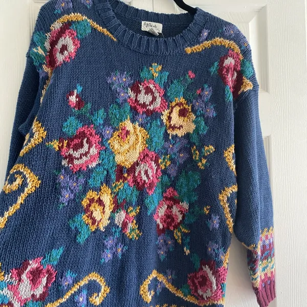 All Points Floral Knit Sweater Womens Size M Blue Vintage 90s Cotton Butter Mom - Image 2