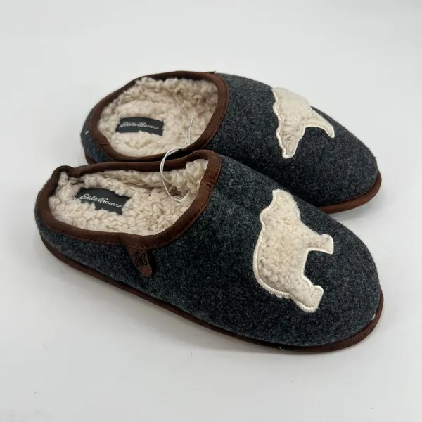 Eddie Bauer Women's Sherpa Lined Clog Slippers Dark Heather Grey Bear Motif 7-8 - Image 6