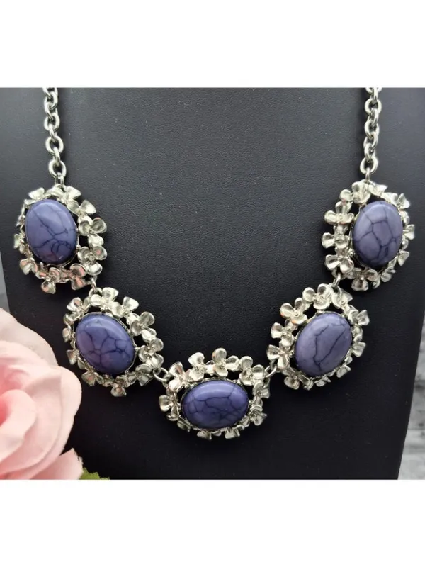 Silver-Tone Necklace W/ Purple Marble Stones & Floral Accents 21" Chain Length - Image 3