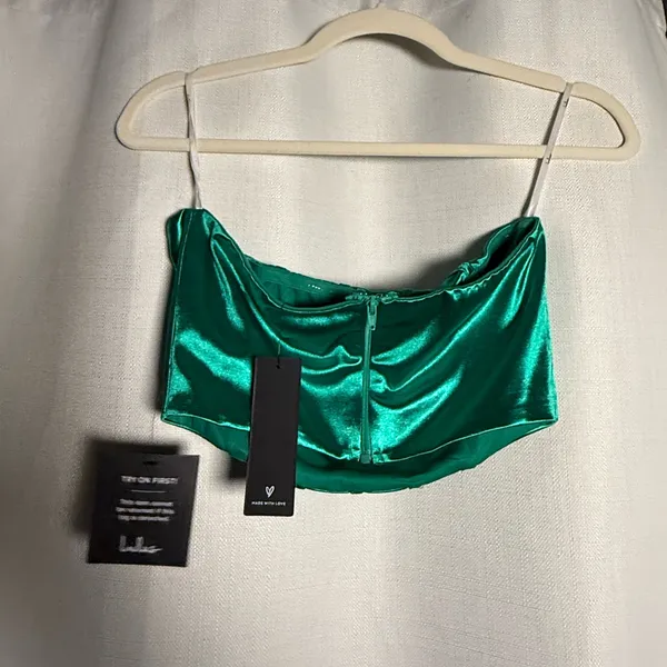 Lulus Green Satin Corset Strapless Crop Top Size Medium - Image 2