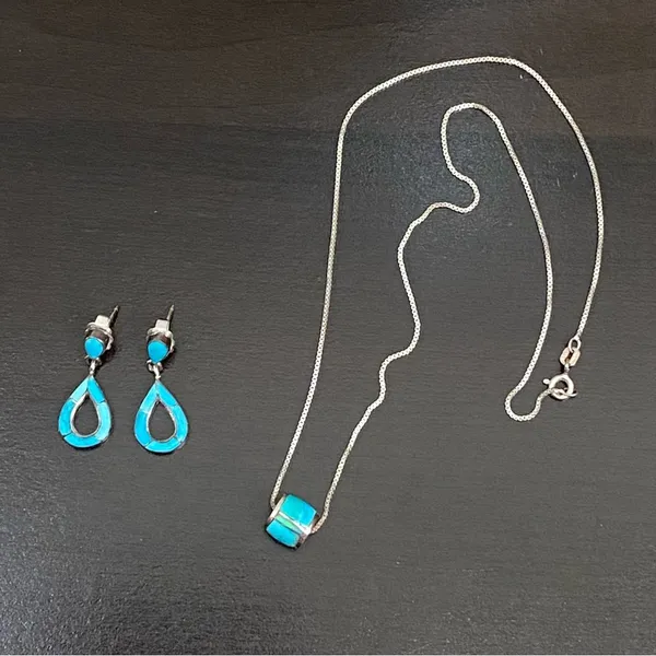 Sterling Silver Turquoise Inlay 16” Necklace and Earrings Set - Image 6