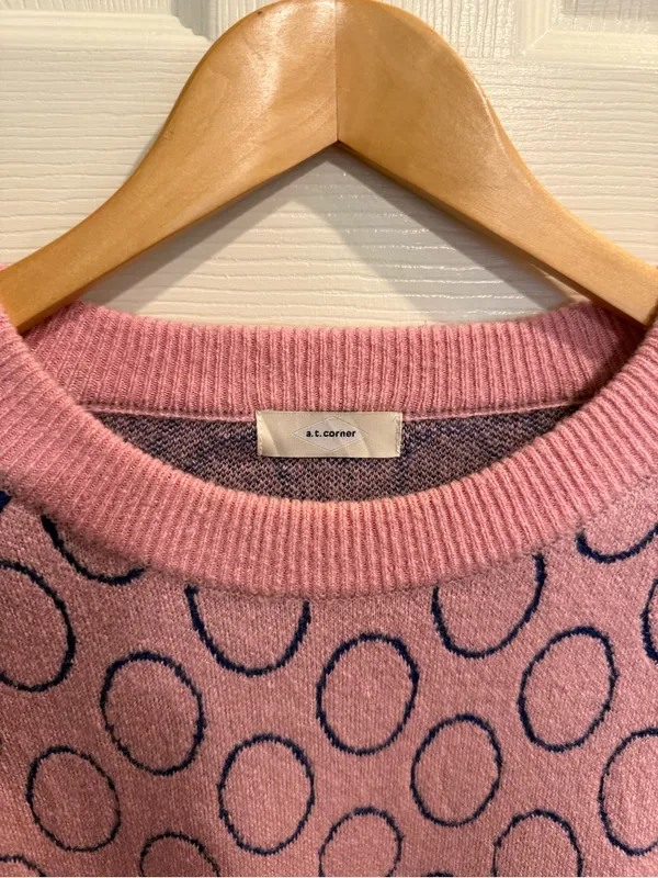 Pink Crewneck Sweater with Navy Polka Detail - Image 2