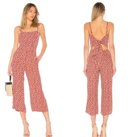 Faithfull the Brand Playa Red Floral Cropped Wide Leg Jumpsuit Tie Back XS 2 - Image 2