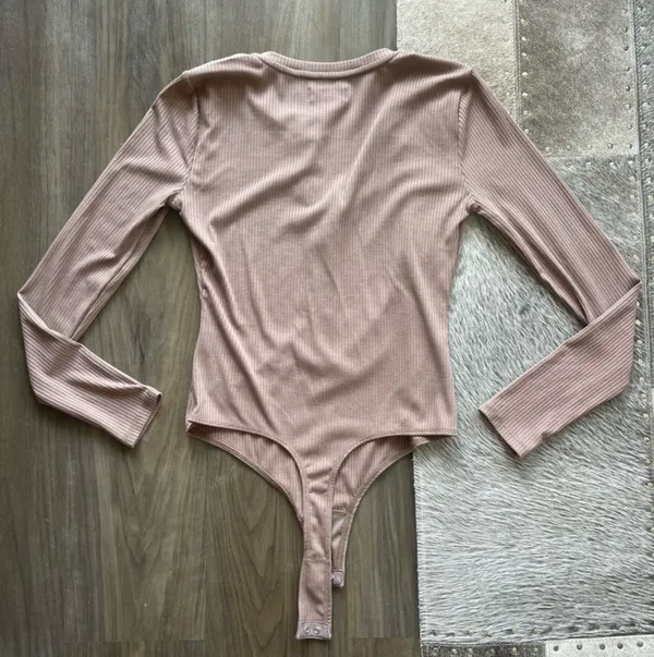 Privacy Please Bodysuit Tan Ribbed Long Sleeve Snap Front Top - Image 5