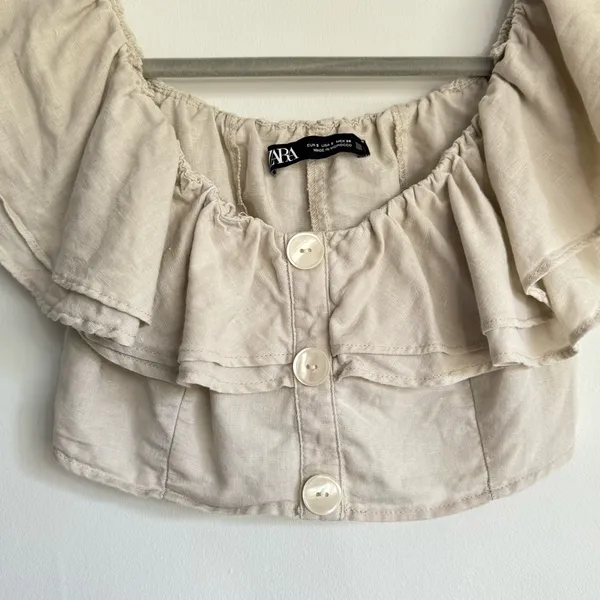 Zara‎ Women Linen Blend Beige Cropped Ruffle Cottagecore Boho Peasant Top Size S - Image 2