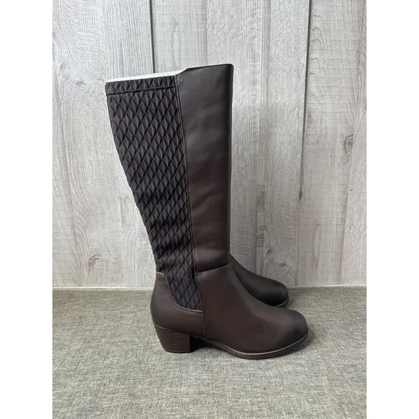 Propet Womens 9.5 Wide Brown Leather Boots Quilted Back Panel Chunky Heel - Image 2