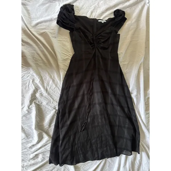 Antonio Melani Black Tonal Plaid Puff Sleeve Ruched Midi Dress Size 8 - Image 5