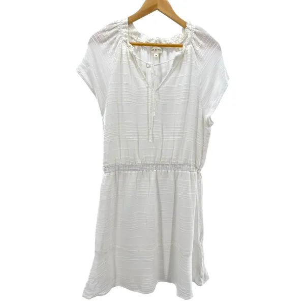 Cloth & Stone White Short Sleeve Ruffle Tie Neck Mini Dress Size M Rayon Linen‎ - Image 3