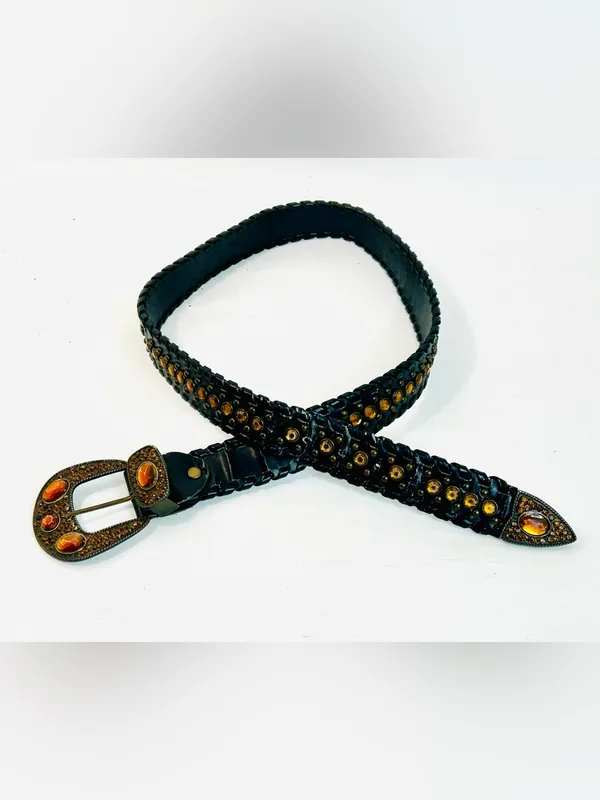 Western Rhinestone Whipstitch Belt with Orange Stones and Black Faux Leather - Image 2