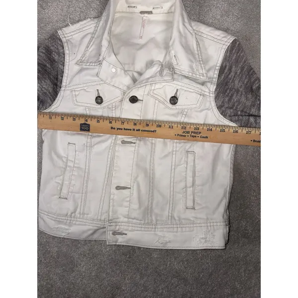 Free People Women's Cotton Denim‎ Jean Woven Knit Sleeves Jacket White Gray Xs - Image 3
