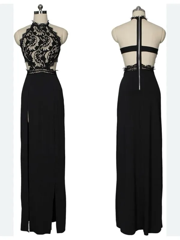 Sheer Black Lace Halter Neck Open Back High Slit Maxi Evening Gown Size Small - Image 2