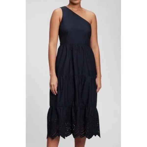 GAP Dress Sz 18 One Shoulder Navy‎ Blue Eyelet Hem Tiered Midi Summer Pockets - Image 2